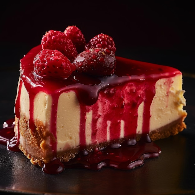 A cheesecake with raspberry sauce on top