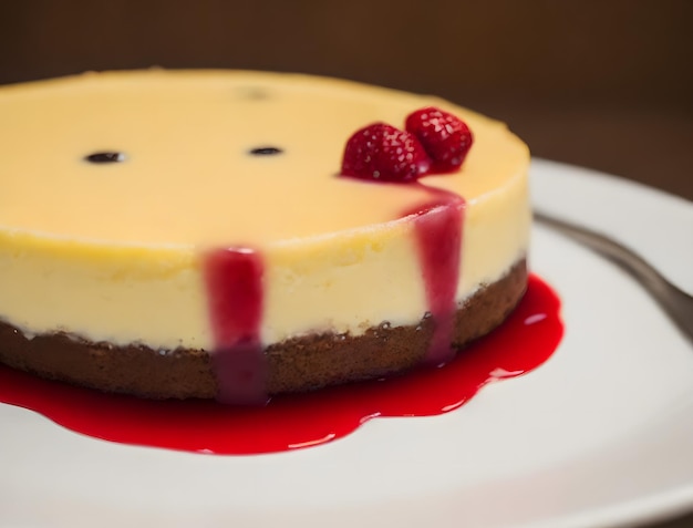 A cheesecake with a raspberry sauce on top