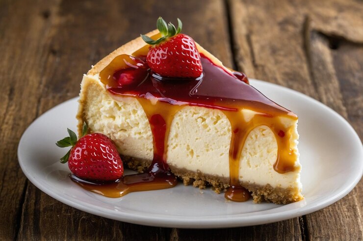 Photo a cheesecake with a slice of cake on a plate with a strawberry and a strawberry
