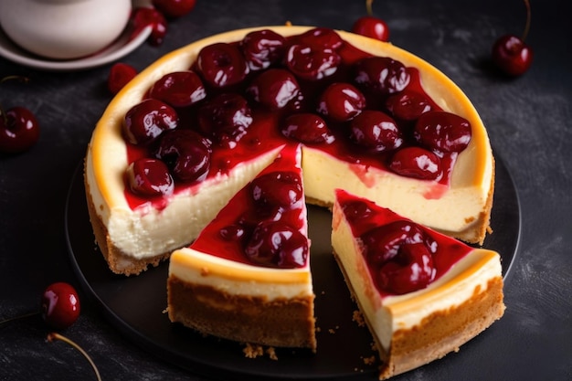 Cheesecake with slice cut out and cherry filling in the center created with generative ai