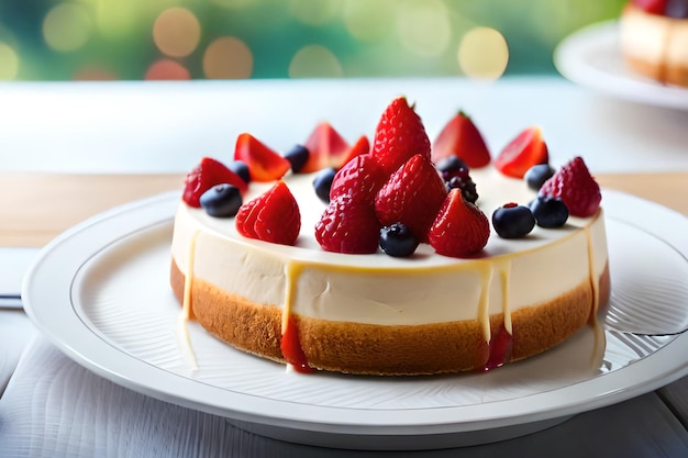 A cheesecake with strawberries and blueberries on top of it.