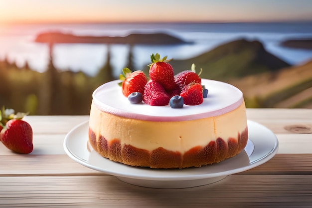 A cheesecake with strawberries and blueberries on top