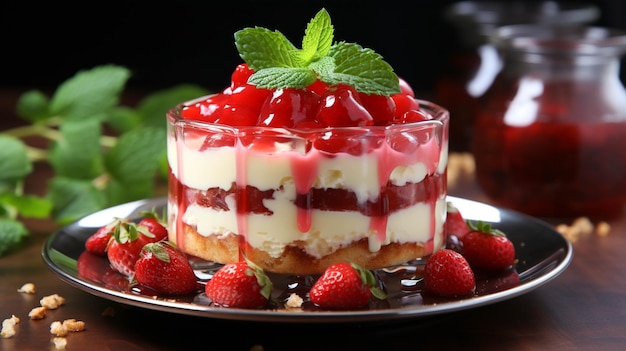 깨끗한 배경의 접시에 젤리 위에 딸기를 얹은 치즈케이크