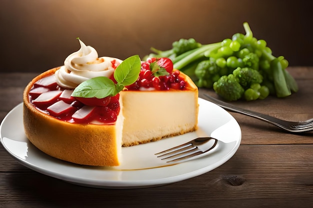 A cheesecake with strawberries and whipped cream sits on a plate.