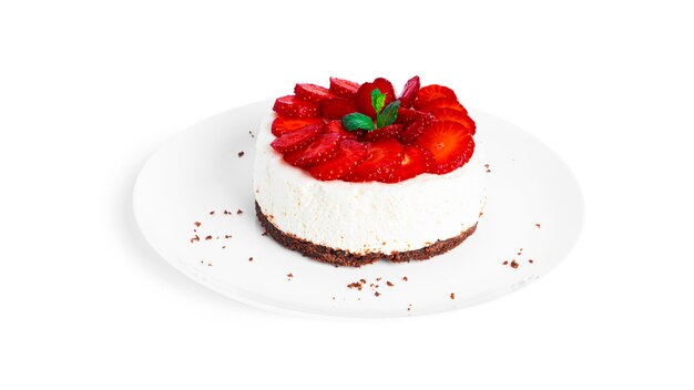 Cheesecake with strawberry isolated. Cheesecake on plate