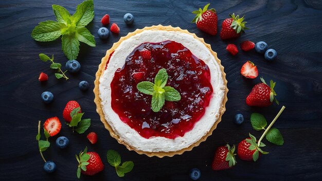 Cheesecake with strawberry jelly and jam berries mint leaves isolated