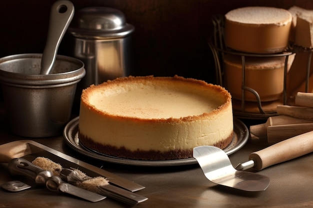 A cheesecake with a white plate and a knife on the side.
