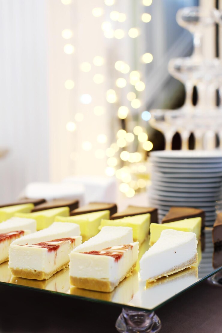 Cheesecakes on a mirror tray stand on a buffet table against the background of golden bokeh