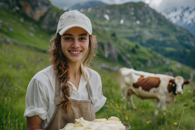치즈 제조 치즈 생산 어린 소녀는 알파인 초원을 배경으로 잔디를 먹는 소와 함께 농부들에게 치즈를 들고 제공합니다.