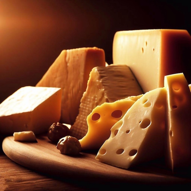 cheeses and cheeses are on a wooden surface.