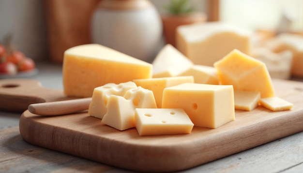 cheeses on a cutting board with a pot in the background