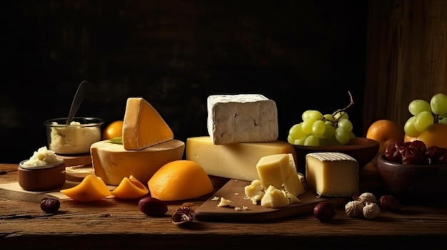 Cheeses and grapes on a table