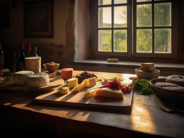 Cheeses grapes and wine on the table against the background of a window in a country house in soft