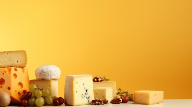 cheeses and nuts are on a table with a yellow background.