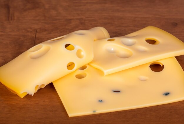 사진 나무 테이블 위에 있는 치즈와 부분에서 빛나는 노란색 빛.