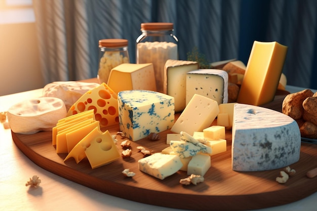 cheeses on a tray with a bottle of milk