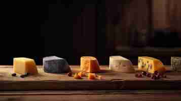 Photo cheeses on a wooden board with a dark background