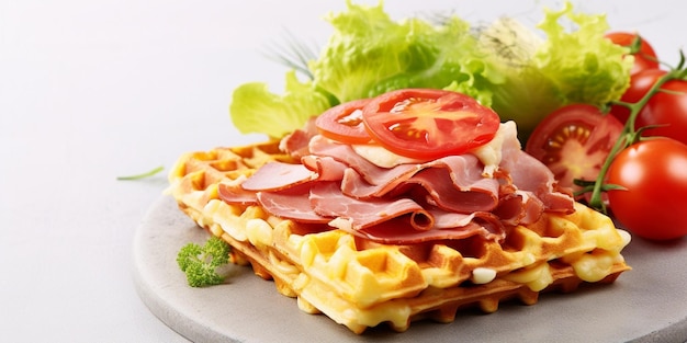 Cheesy belgian waffles served with ham tomatoes and lettuce corn on white marble ba Generative AI