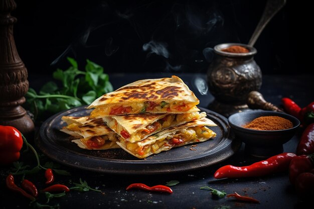 Foto cheesy breakfast quesadillas met worst en rode peper