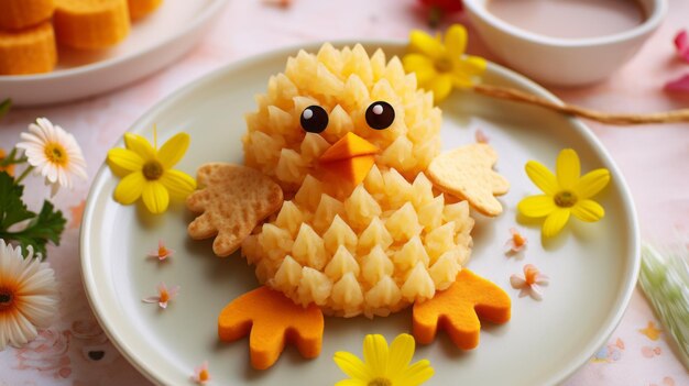 Cheesy Carrot Easter Chicken On Children's Plate (치즈 카로트 부활절 이 어린이들의 접시에)