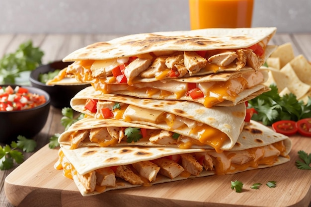 Cheesy Chicken Quesadilla On A Wooden Board