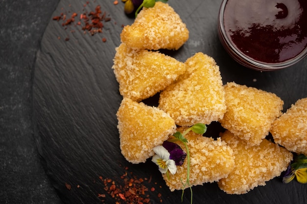 Cheesy nuggets on slate plate with sweet sauce