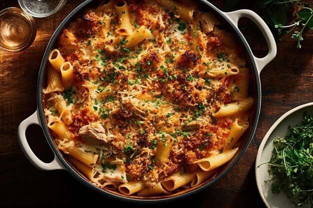 Photo cheesy pasta bake with ground beef and herbs