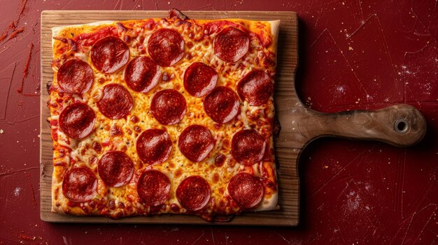 Cheesy Pepperoni Pizza Slice on Wooden Peel with Tomato Red Background