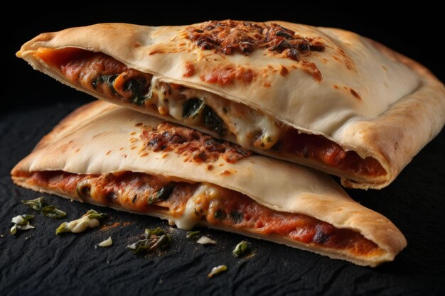 Cheesy spinach stuffed calzone close up ai generated