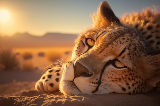 A cheetah in the desert at sunset