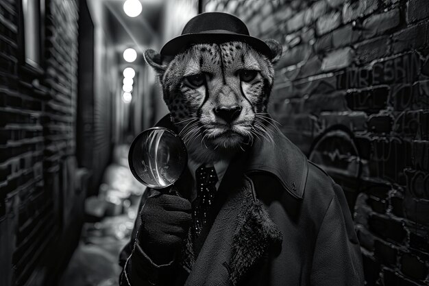 A cheetah dressed as a detective investigating a mystery in a noirstyle alleyway with a magnifying glass