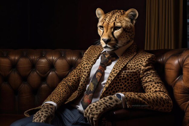 Photo cheetah dressed in an elegant modern suit with a nice tie fashion portrait of an anthropomorphic