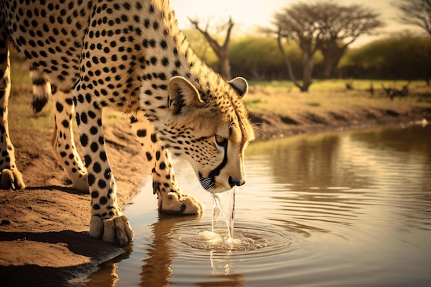 a cheetah drinking water from a pond