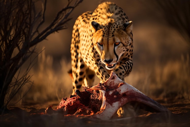 A cheetah eating a dead deer