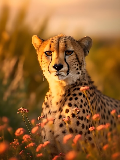 A cheetah in a field of flowers