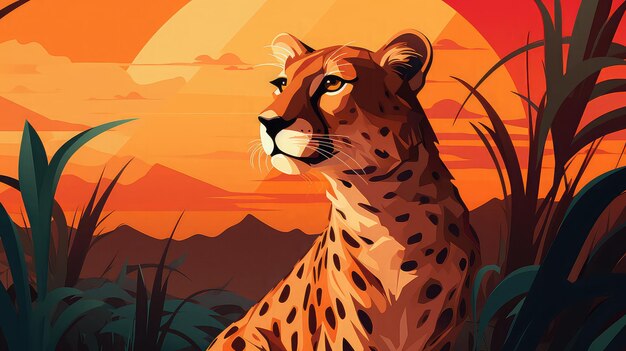 Фото cheetah flat векторный мультфильм 2d освещение свечение красочное, генерируемое искусственным интеллектом