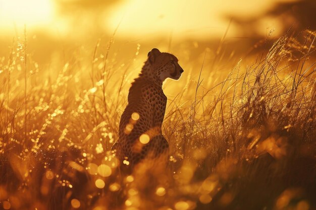 A cheetah in the golden glow of the sunset its fur illuminated by the warm hues