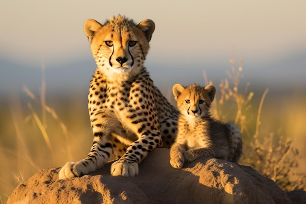 A cheetah and her cub sitting on a rock