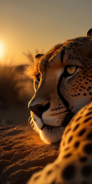 A cheetah is resting in the desert.