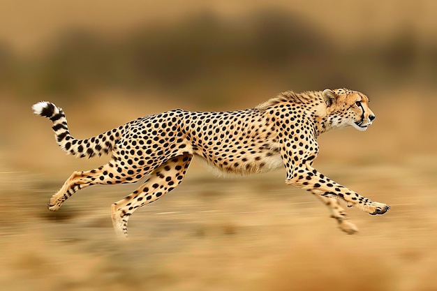 A cheetah is running through the desert