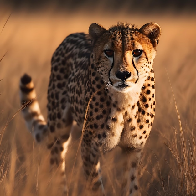 A cheetah is standing in a field with the sun shining on its face.