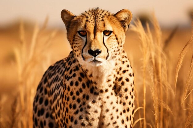 a cheetah is standing in the grass with the sun behind it