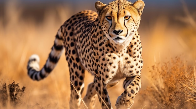 a cheetah is walking in the grass.