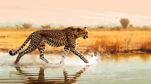 Cheetah jaagt heimelijk op prooi op de savanne Realistische digitale kunst Generatieve Ai