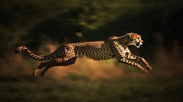 A cheetah jumps over a field of grass