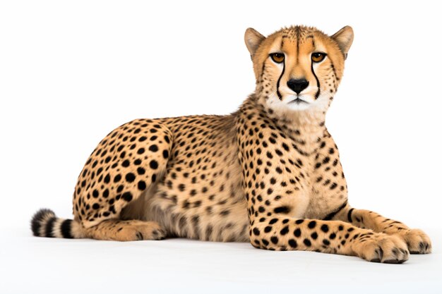 a cheetah laying down on a white surface