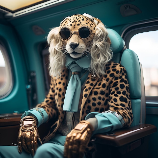 cheetah leopard in private airplane wearing female suit looking