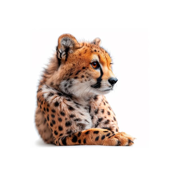Foto cheetah ligt neer op een witte achtergrond generatieve ai