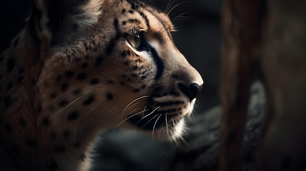 A cheetah looking out of a dark room