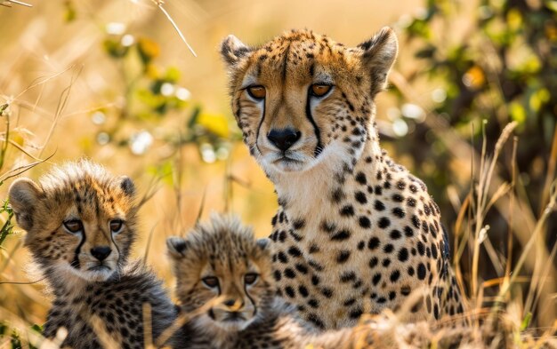 Photo cheetah mom keeping watch on cub